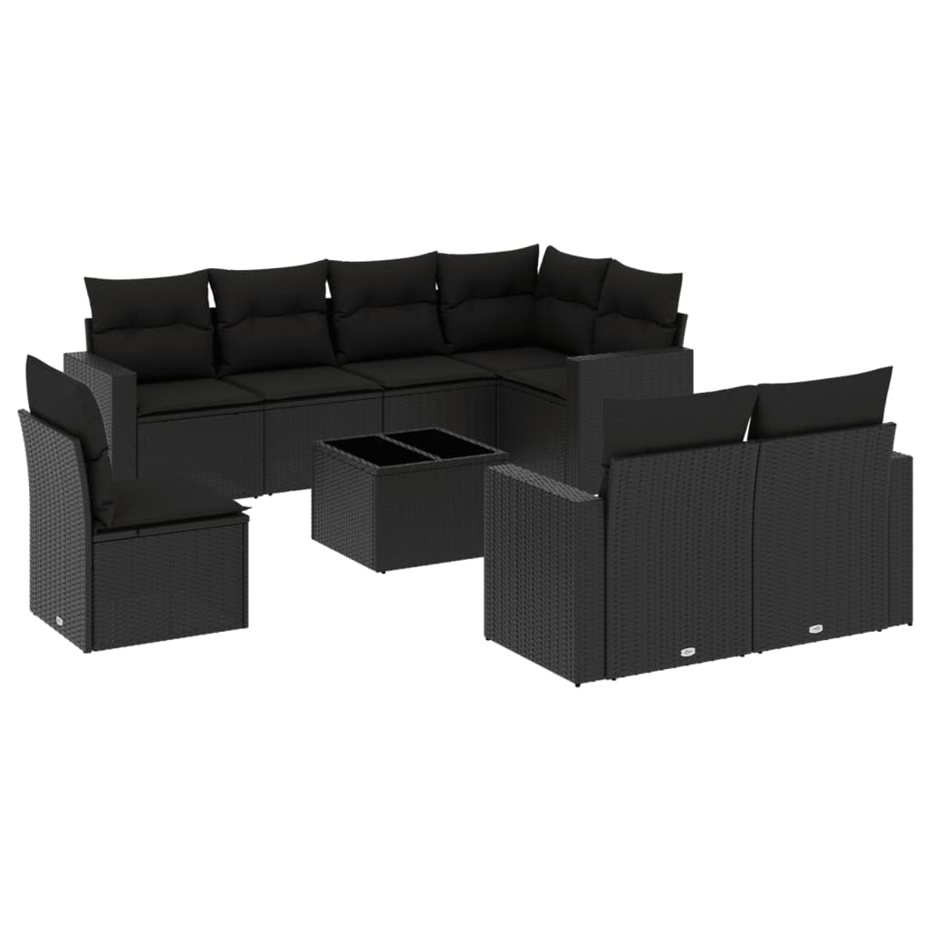 9-tlg. Garten-Sofagarnitur mit Kissen Schwarz Poly Rattan