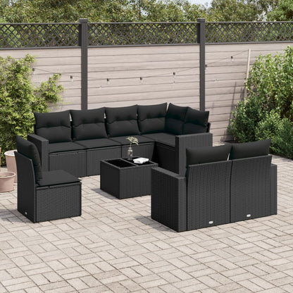 9-tlg. Garten-Sofagarnitur mit Kissen Schwarz Poly Rattan