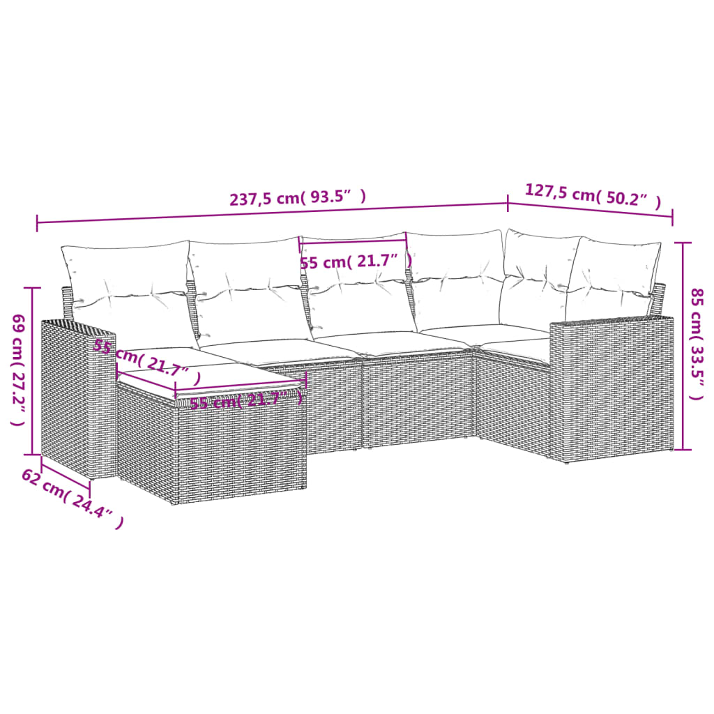 6-tlg. Garten-Sofagarnitur mit Kissen Grau Poly Rattan