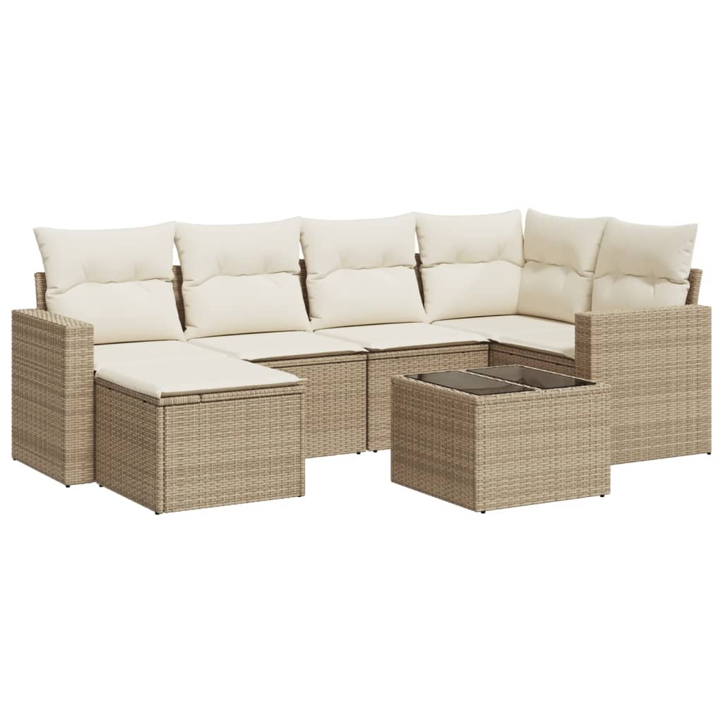 7-tlg. Garten-Sofagarnitur mit Kissen Beige Poly Rattan