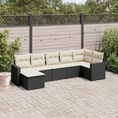 7-tlg. Garten-Sofagarnitur mit Kissen Schwarz Poly Rattan