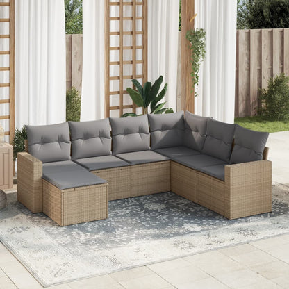 7-tlg. Garten-Sofagarnitur mit Kissen Beige Poly Rattan