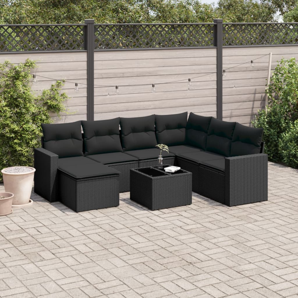 8-tlg. Garten-Sofagarnitur mit Kissen Schwarz Poly Rattan