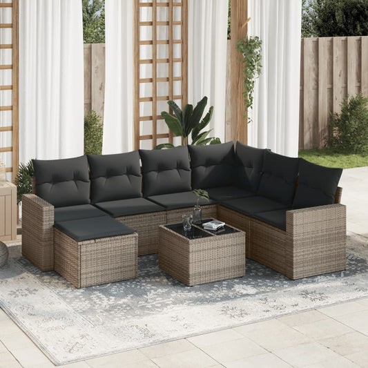 8-tlg. Garten-Sofagarnitur mit Kissen Grau Poly Rattan