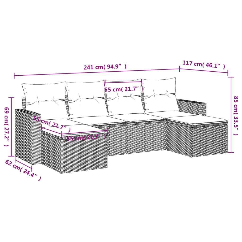 6-tlg. Garten-Sofagarnitur mit Kissen Hellgrau Poly Rattan