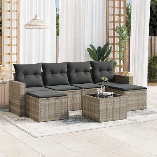 7-tlg. Garten-Sofagarnitur mit Kissen Hellgrau Poly Rattan