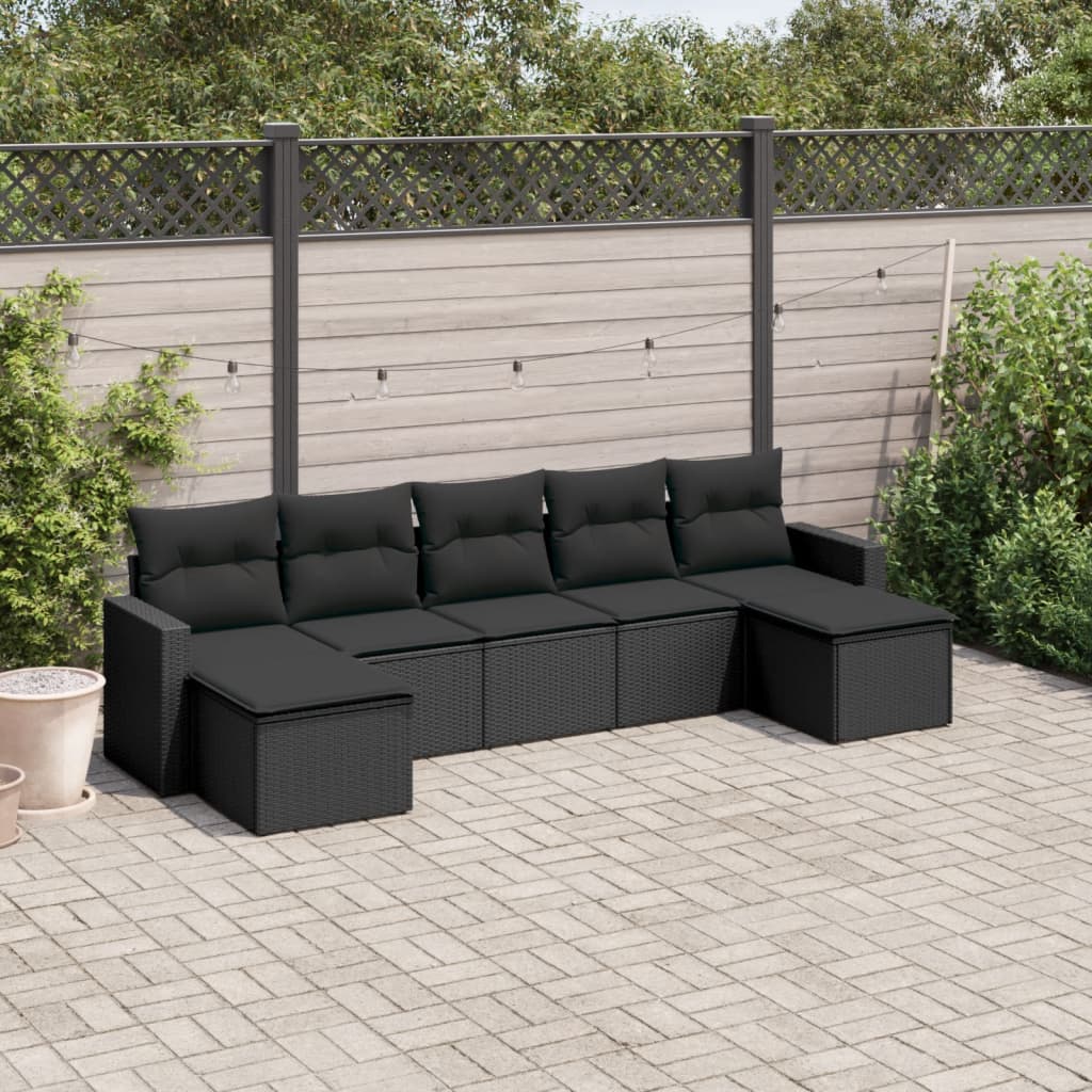 7-tlg. Garten-Sofagarnitur mit Kissen Schwarz Poly Rattan