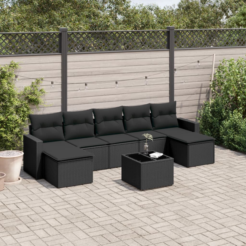 8-tlg. Garten-Sofagarnitur mit Kissen Schwarz Poly Rattan