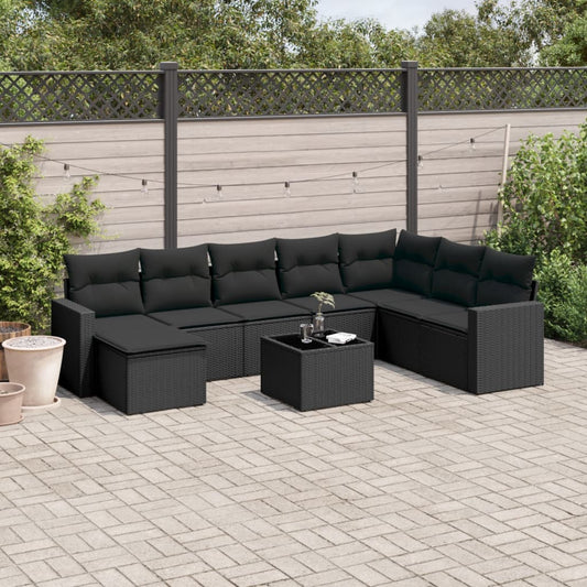 9-tlg. Garten-Sofagarnitur mit Kissen Schwarz Poly Rattan