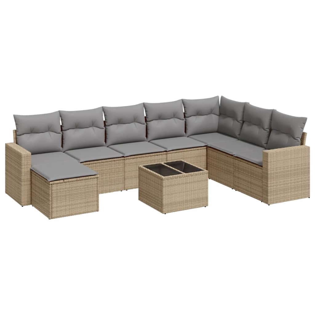 9-tlg. Garten-Sofagarnitur mit Kissen Beige Poly Rattan