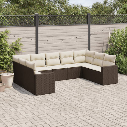 9-tlg. Garten-Sofagarnitur mit Kissen Braun Poly Rattan