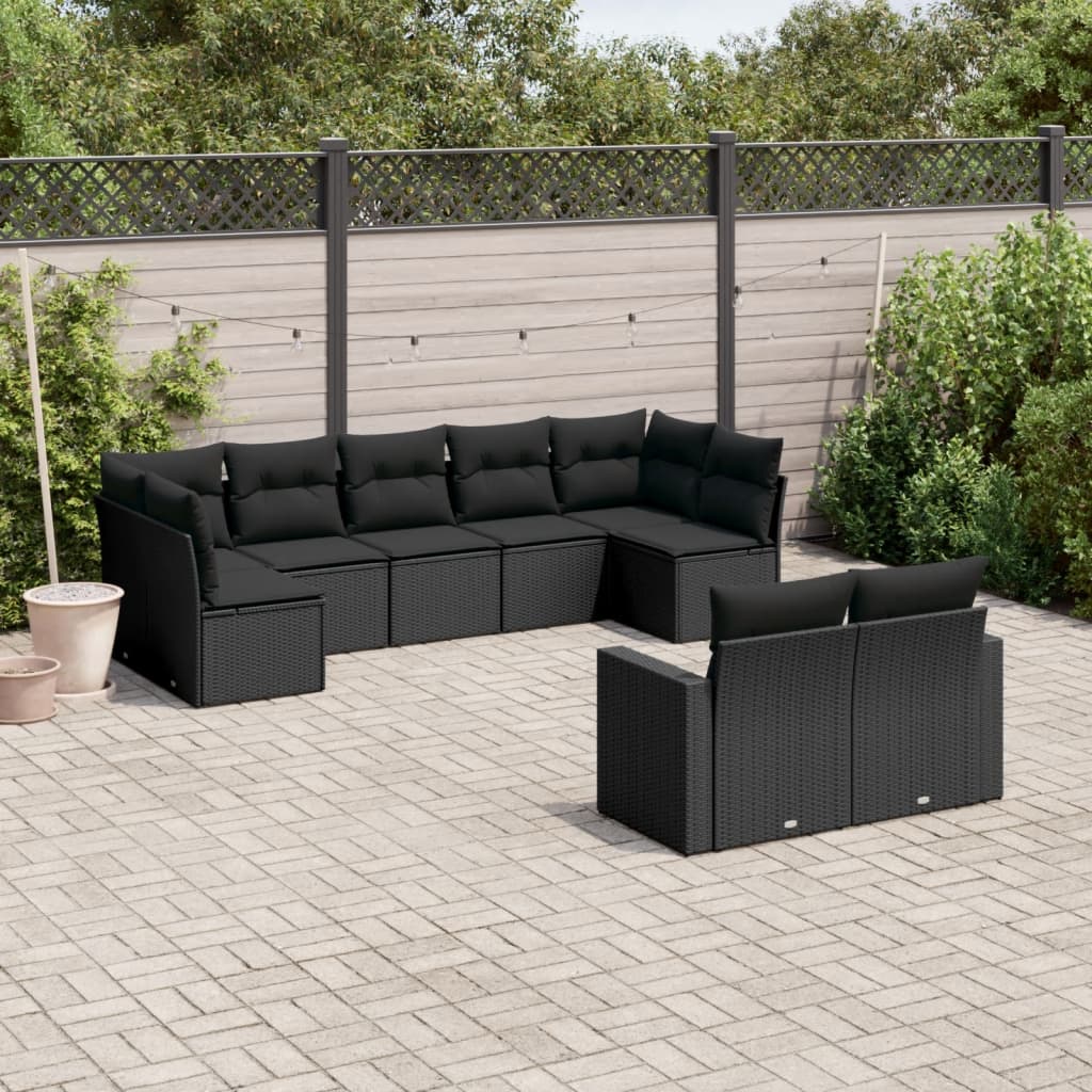 9-tlg. Garten-Sofagarnitur mit Kissen Schwarz Poly Rattan