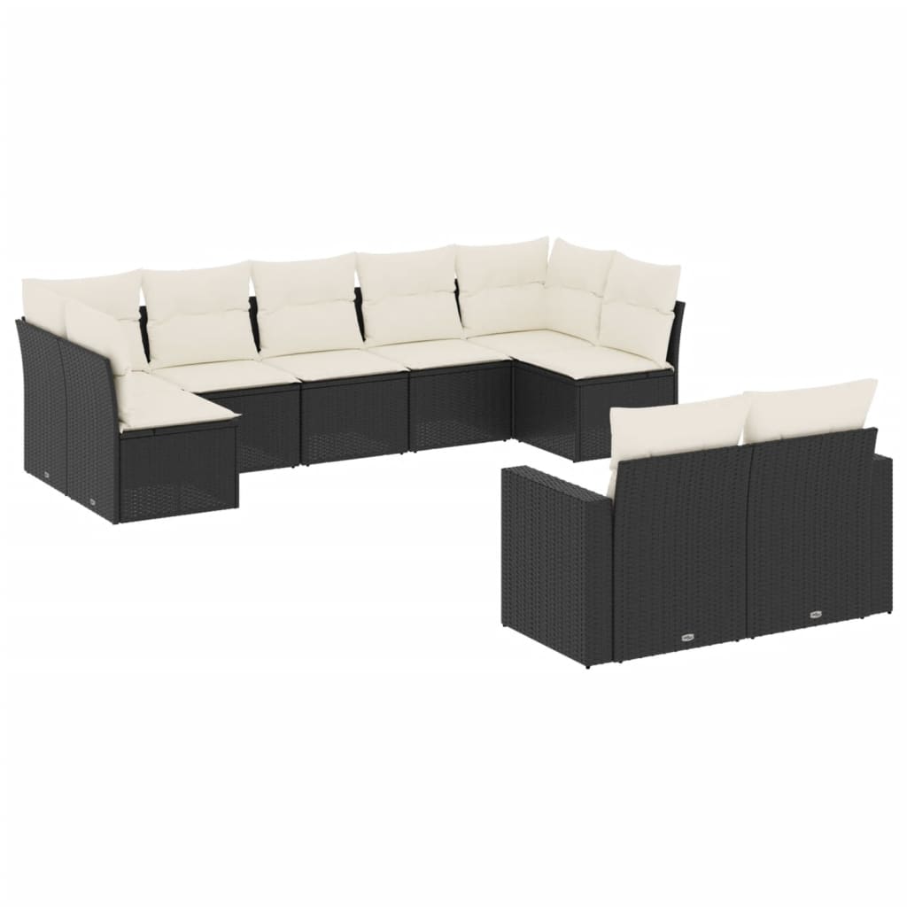 9-tlg. Garten-Sofagarnitur mit Kissen Schwarz Poly Rattan