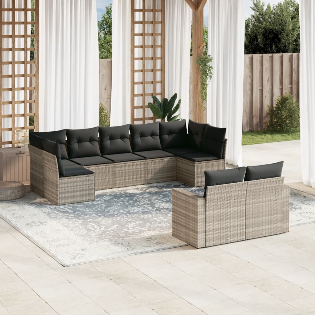 9-tlg. Garten-Sofagarnitur mit Kissen Hellgrau Poly Rattan