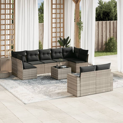 10-tlg. Garten-Sofagarnitur mit Kissen Hellgrau Poly Rattan