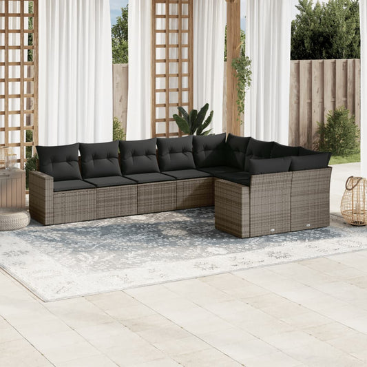 9-tlg. Garten-Sofagarnitur mit Kissen Grau Poly Rattan