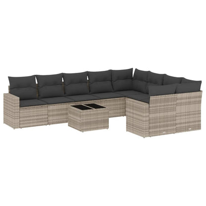 10-tlg. Garten-Sofagarnitur mit Kissen Hellgrau Poly Rattan