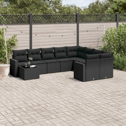 10-tlg. Garten-Sofagarnitur mit Kissen Schwarz Poly Rattan