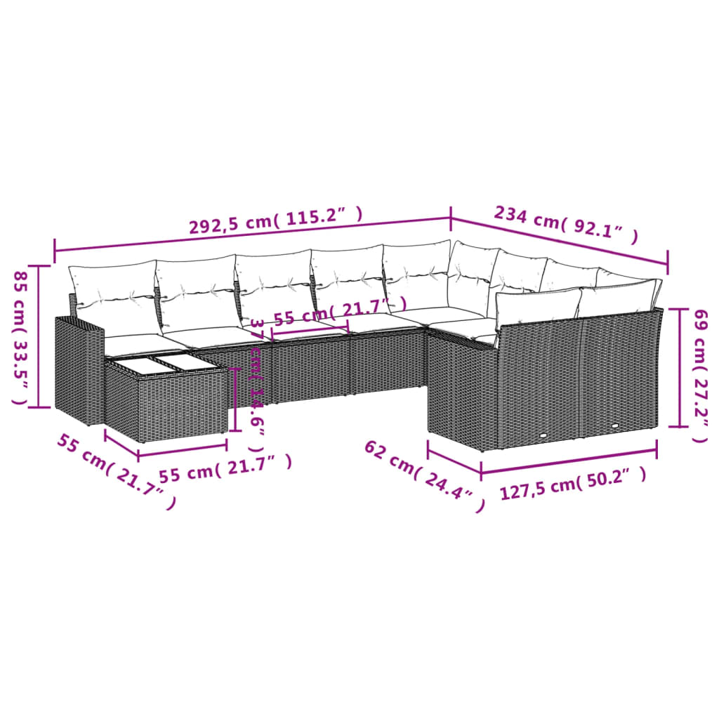 10-tlg. Garten-Sofagarnitur mit Kissen Schwarz Poly Rattan