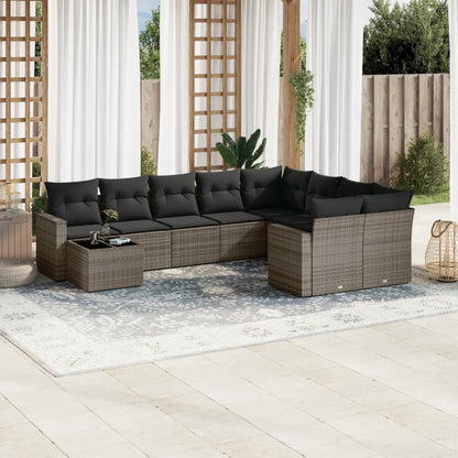 10-tlg. Garten-Sofagarnitur mit Kissen Grau Poly Rattan