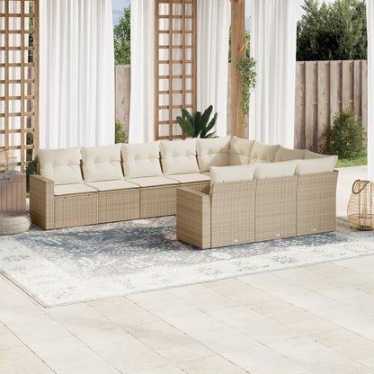 10-tlg. Garten-Sofagarnitur mit Kissen Beige Poly Rattan