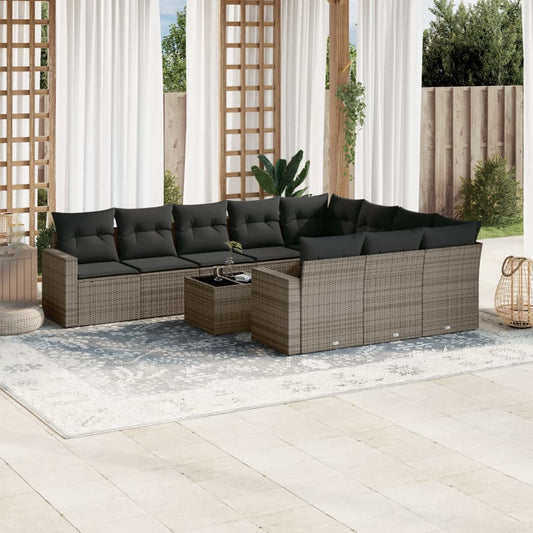 11-tlg. Garten-Sofagarnitur mit Kissen Grau Poly Rattan