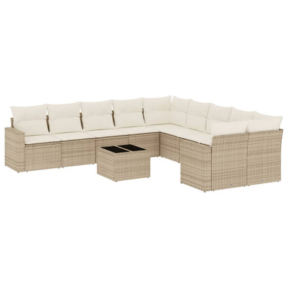 11-tlg. Garten-Sofagarnitur mit Kissen Beige Poly Rattan