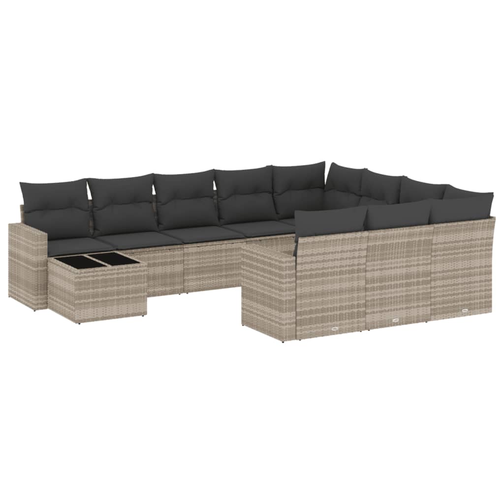 11-tlg. Garten-Sofagarnitur mit Kissen Hellgrau Poly Rattan