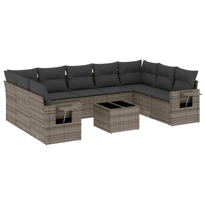 10-tlg. Garten-Sofagarnitur mit Kissen Grau Poly Rattan