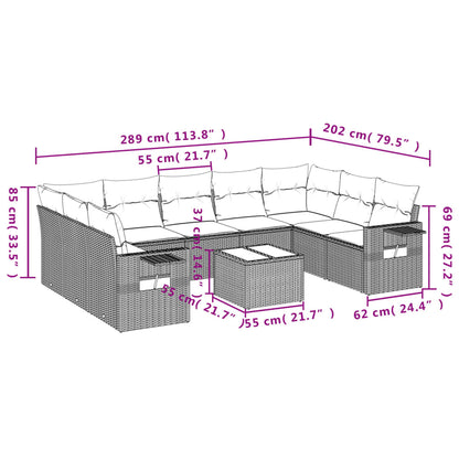 10-tlg. Garten-Sofagarnitur mit Kissen Grau Poly Rattan