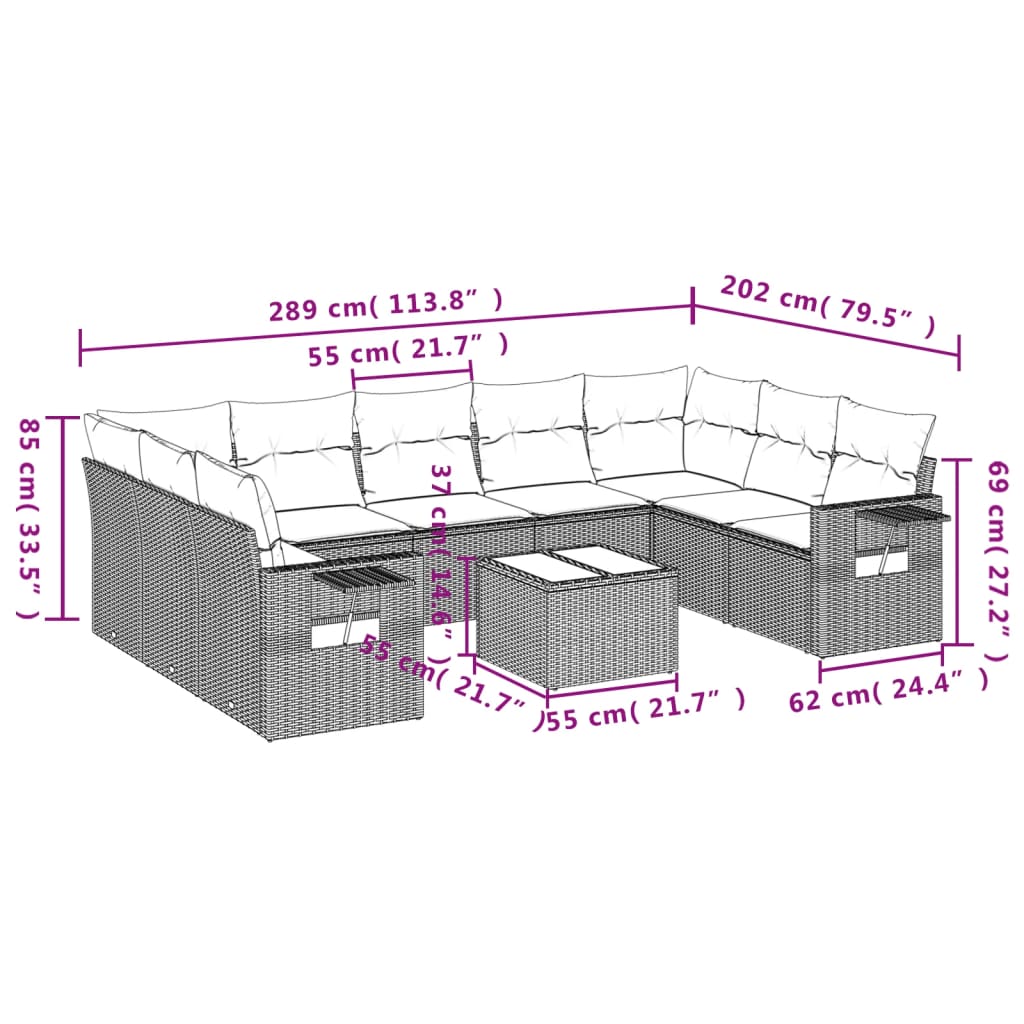 10-tlg. Garten-Sofagarnitur mit Kissen Hellgrau Poly Rattan