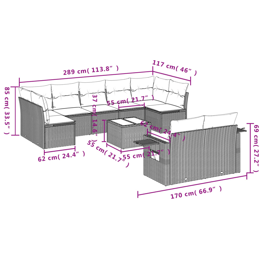 10-tlg. Garten-Sofagarnitur mit Kissen Hellgrau Poly Rattan