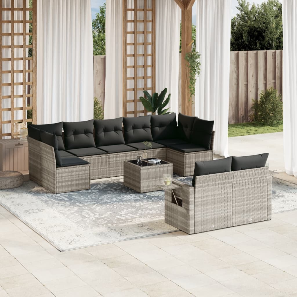 10-tlg. Garten-Sofagarnitur mit Kissen Hellgrau Poly Rattan