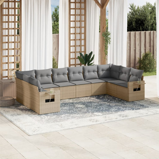 10-tlg. Garten-Sofagarnitur mit Kissen Beige Poly Rattan