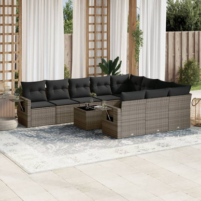 11-tlg. Garten-Sofagarnitur mit Kissen Grau Poly Rattan