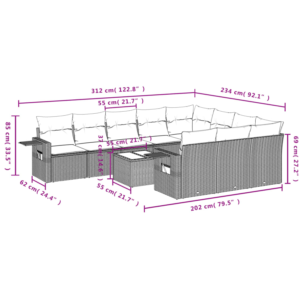 11-tlg. Garten-Sofagarnitur mit Kissen Hellgrau Poly Rattan