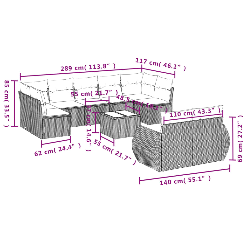 10-tlg. Garten-Sofagarnitur mit Kissen Schwarz Poly Rattan