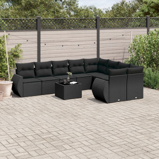 10-tlg. Garten-Sofagarnitur mit Kissen Schwarz Poly Rattan