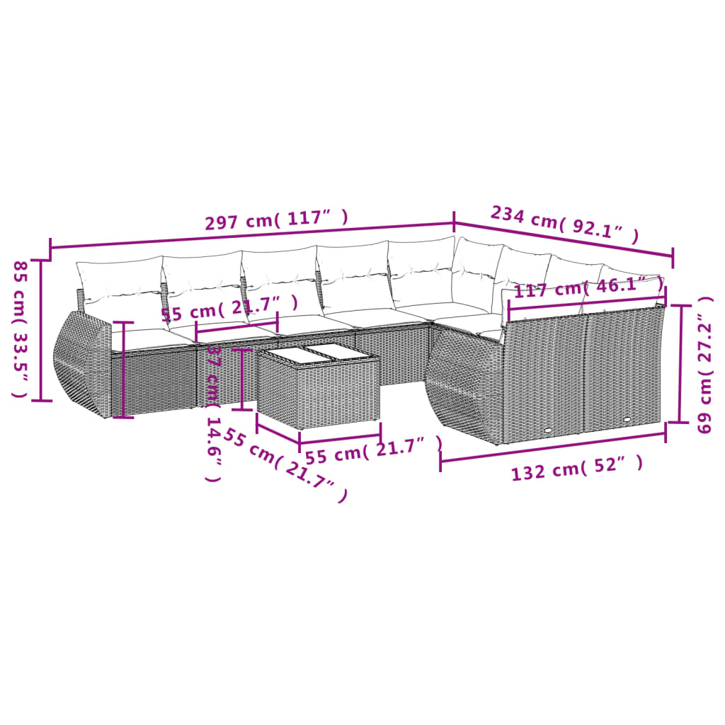 10-tlg. Garten-Sofagarnitur mit Kissen Grau Poly Rattan