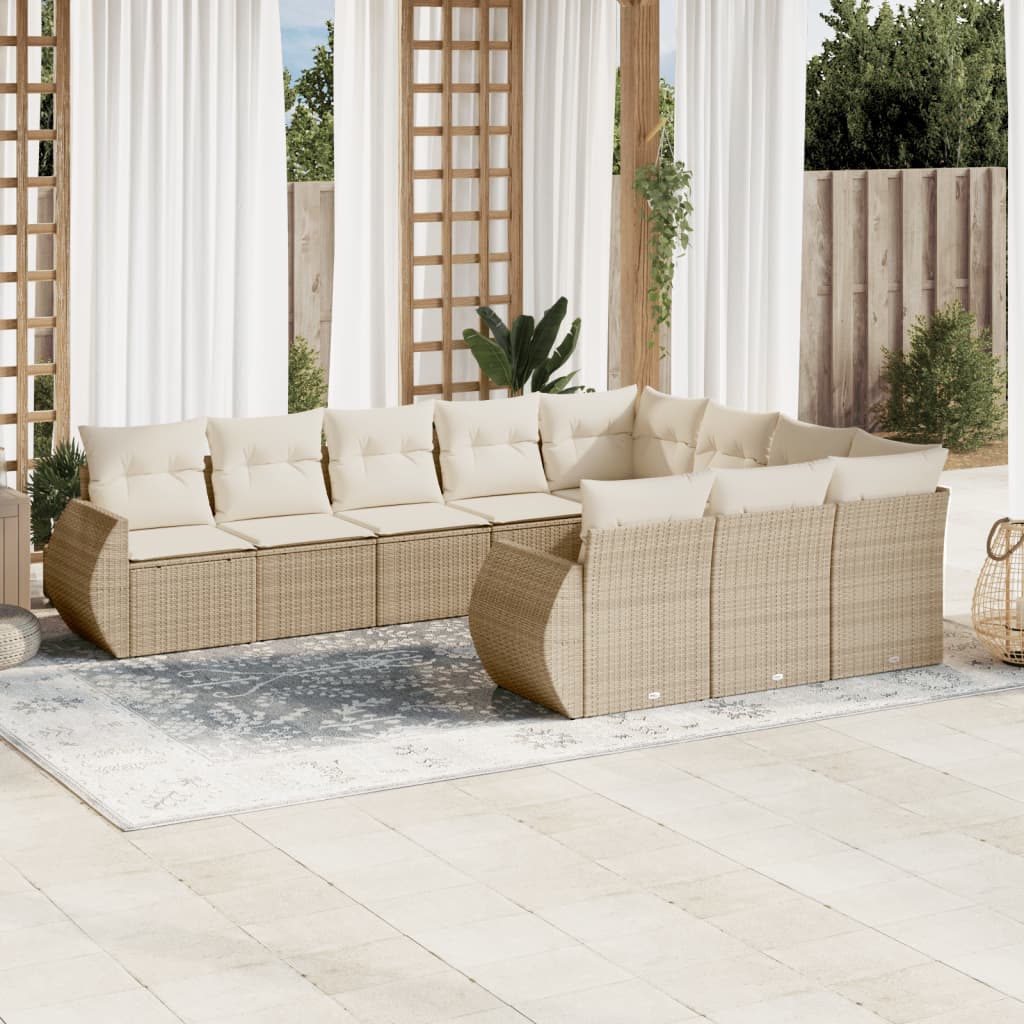 10-tlg. Garten-Sofagarnitur mit Kissen Beige Poly Rattan