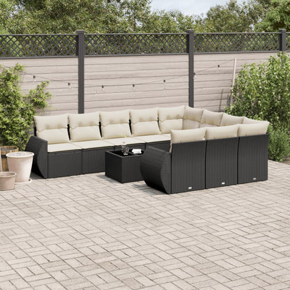 11-tlg. Garten-Sofagarnitur mit Kissen Schwarz Poly Rattan