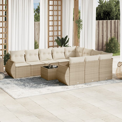 11-tlg. Garten-Sofagarnitur mit Kissen Beige Poly Rattan