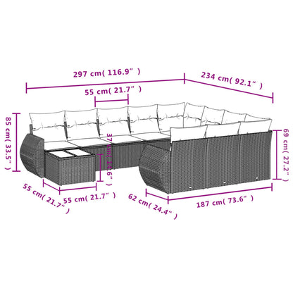 11-tlg. Garten-Sofagarnitur mit Kissen Grau Poly Rattan