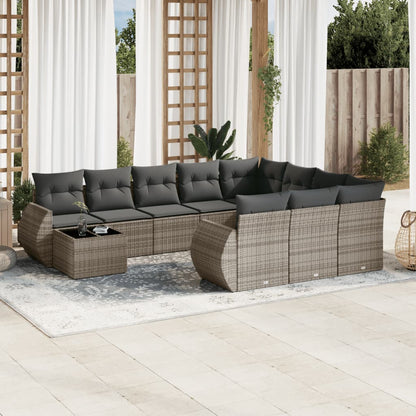 11-tlg. Garten-Sofagarnitur mit Kissen Grau Poly Rattan