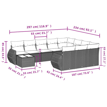 11-tlg. Garten-Sofagarnitur mit Kissen Hellgrau Poly Rattan