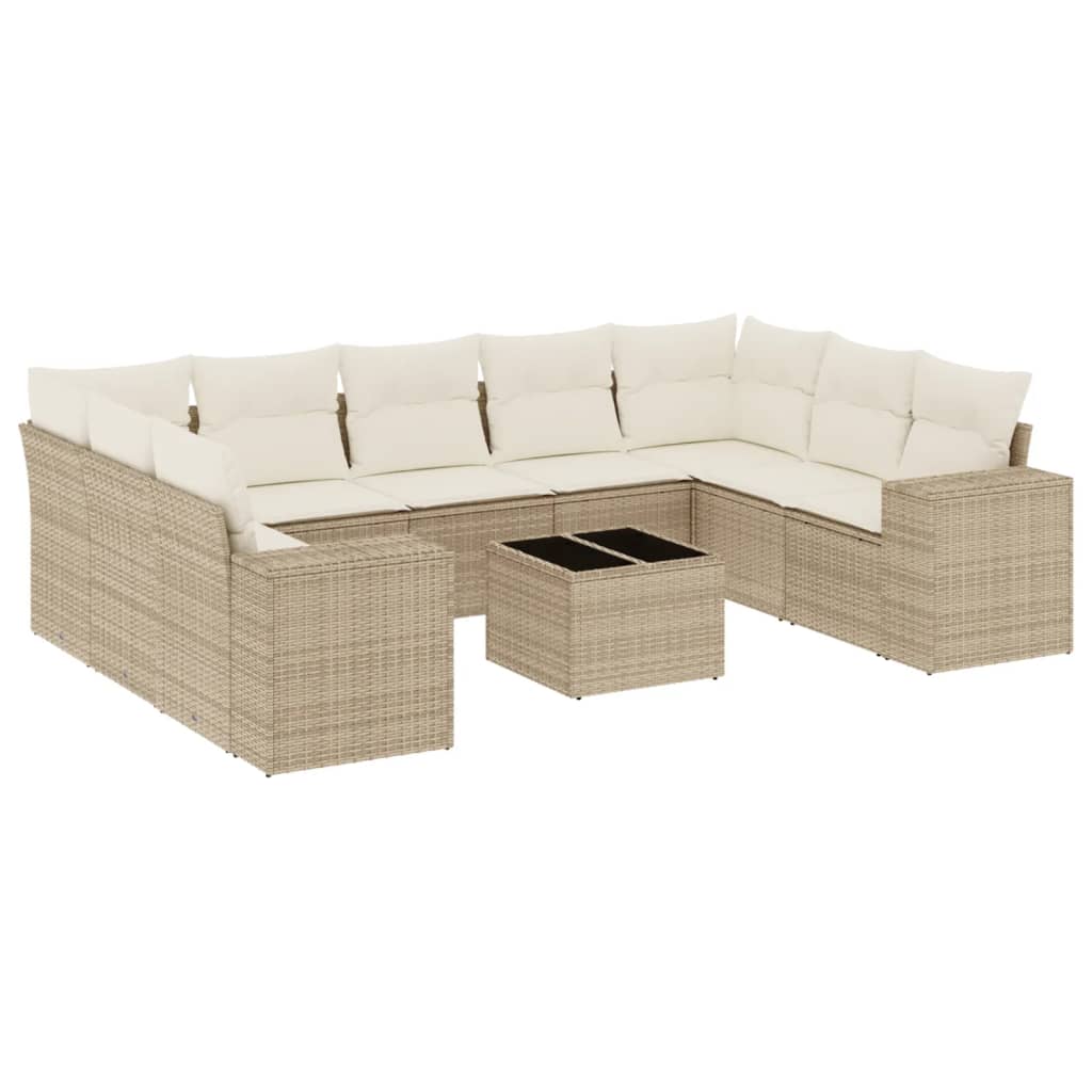 10-tlg. Garten-Sofagarnitur mit Kissen Beige Poly Rattan