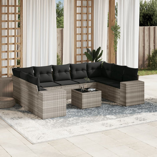 10-tlg. Garten-Sofagarnitur mit Kissen Hellgrau Poly Rattan