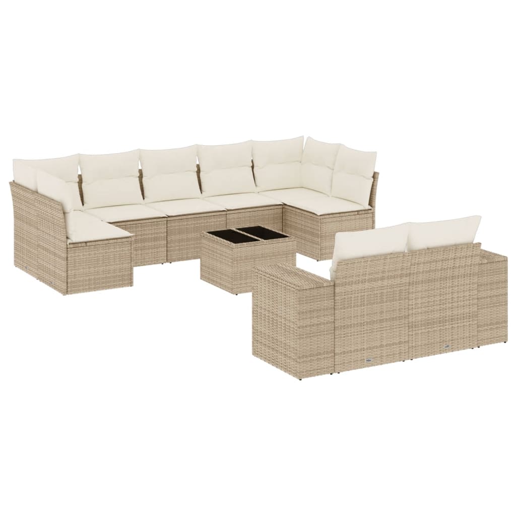 10-tlg. Garten-Sofagarnitur mit Kissen Beige Poly Rattan