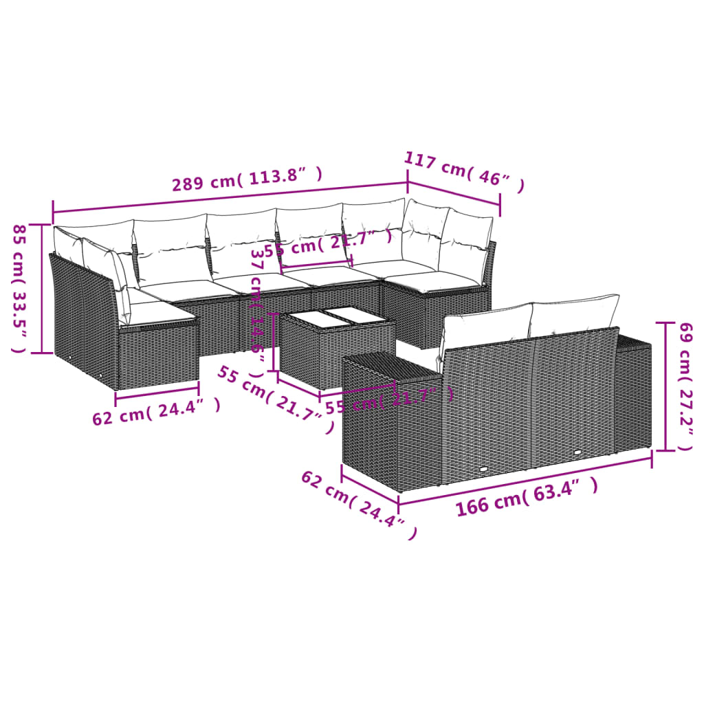 10-tlg. Garten-Sofagarnitur mit Kissen Grau Poly Rattan