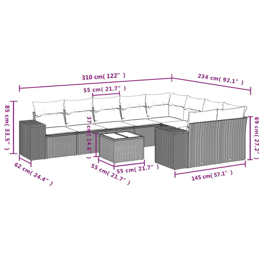 10-tlg. Garten-Sofagarnitur mit Kissen Schwarz Poly Rattan